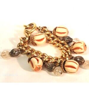 Kate Hines Gold Tone Statement Charm Bracelet plastic metal Beads Vintage signed